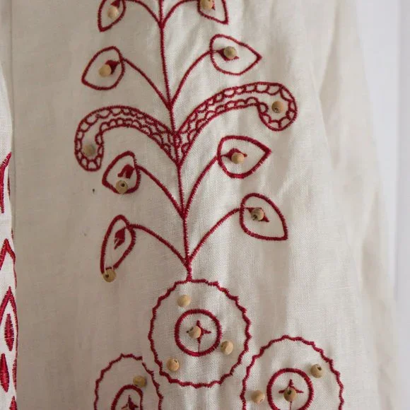 100% Linen Skirt Boho Sunny Leigh Embroidered White Skirt Red Detail Size 12 - Picture 3 of 10